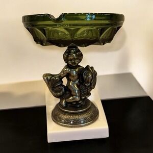 Koi Fish Cherub Marble Glass Metal Dish Candy Trinket Ashtray Hollywood‎ Regency